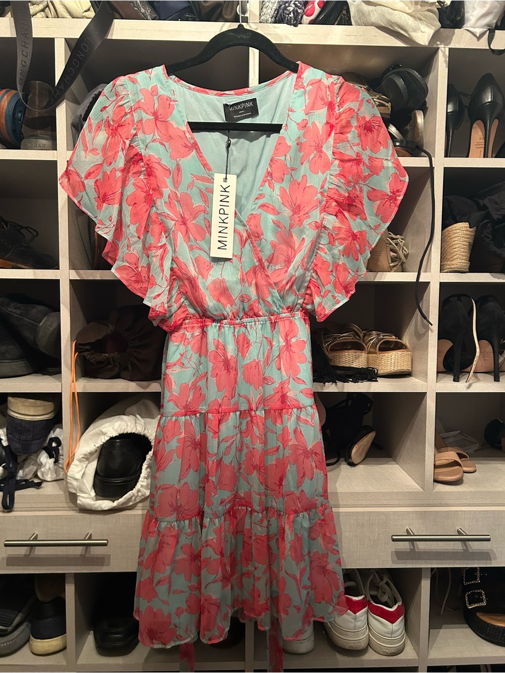 MINKPINK Aqua and Coral Floral Flutter-Sleeve Midi Dress